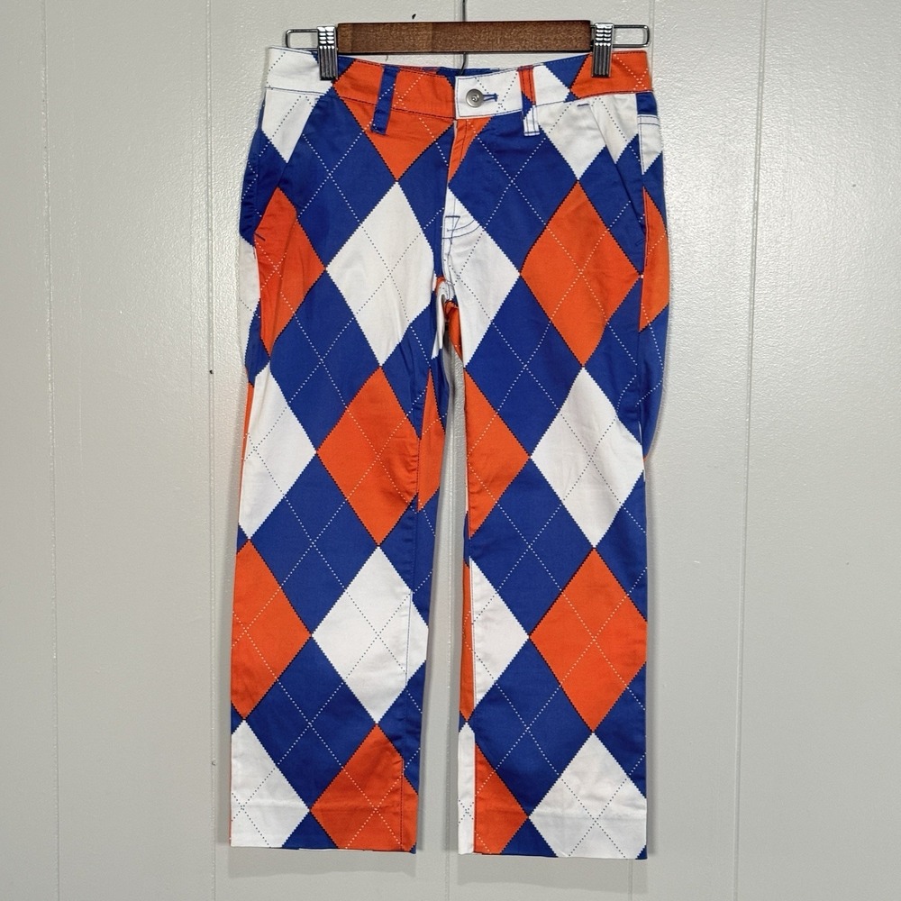 Loudmouth Golf Argyle Pants Womens Size 0 Orange Blue Check Stretch Bold Print